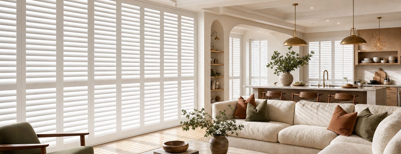 Bright, airy living room with white shutters, beige sofa, coffee table, and warm neutral decor