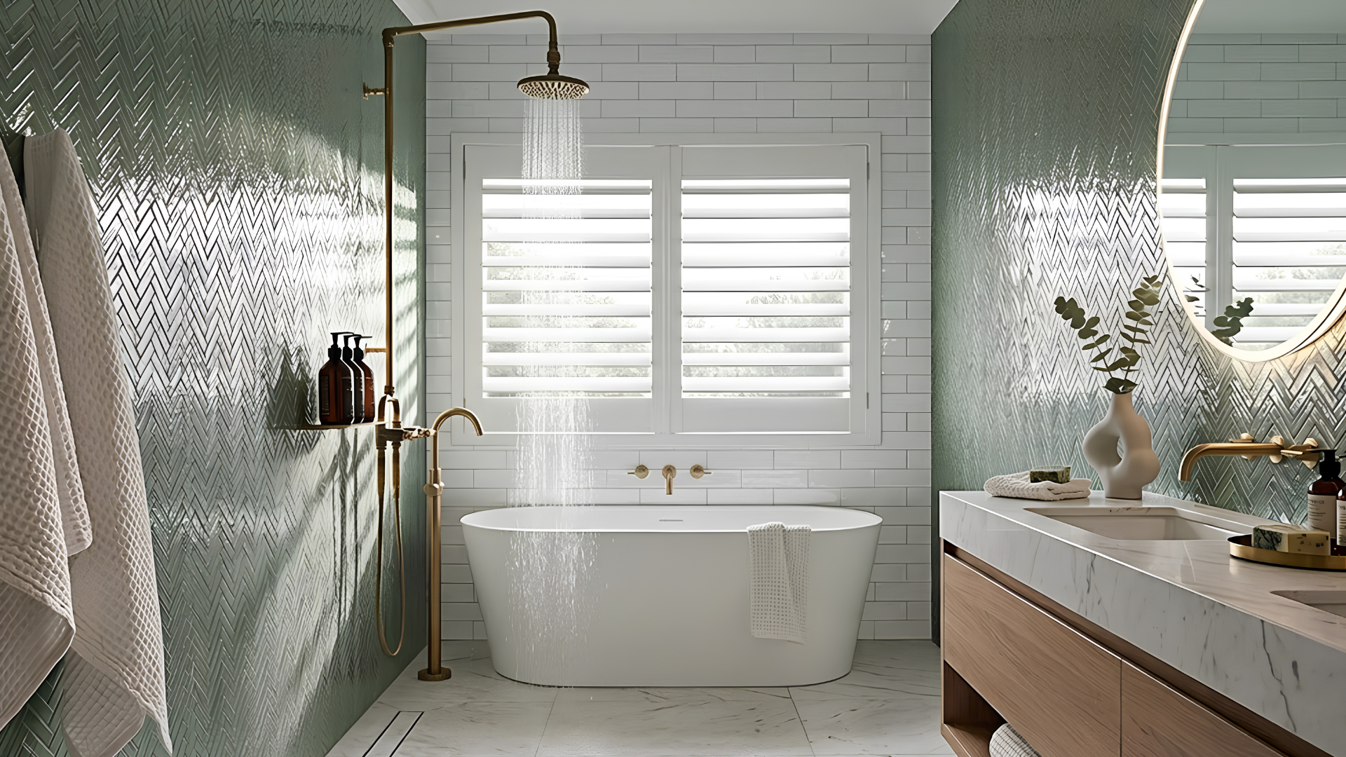 Modern bathroom with green tiled walls, white bathtub, and large window with shutters