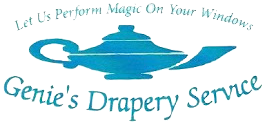 Genie’s Drapery Service logo with blue genie lamp and “Let Us Perform Magic On Your Windows” slogan