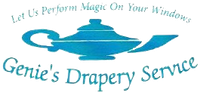 Genie’s Drapery Service logo with blue genie lamp and “Let Us Perform Magic On Your Windows” slogan