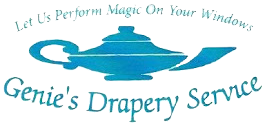 Teal genie lamp logo with “Genie’s Drapery Service” and slogan “Let Us Perform Magic On Your Windows”