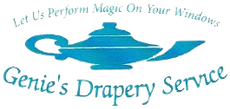 Teal genie lamp logo with “Genie’s Drapery Service” and slogan “Let Us Perform Magic On Your Windows”