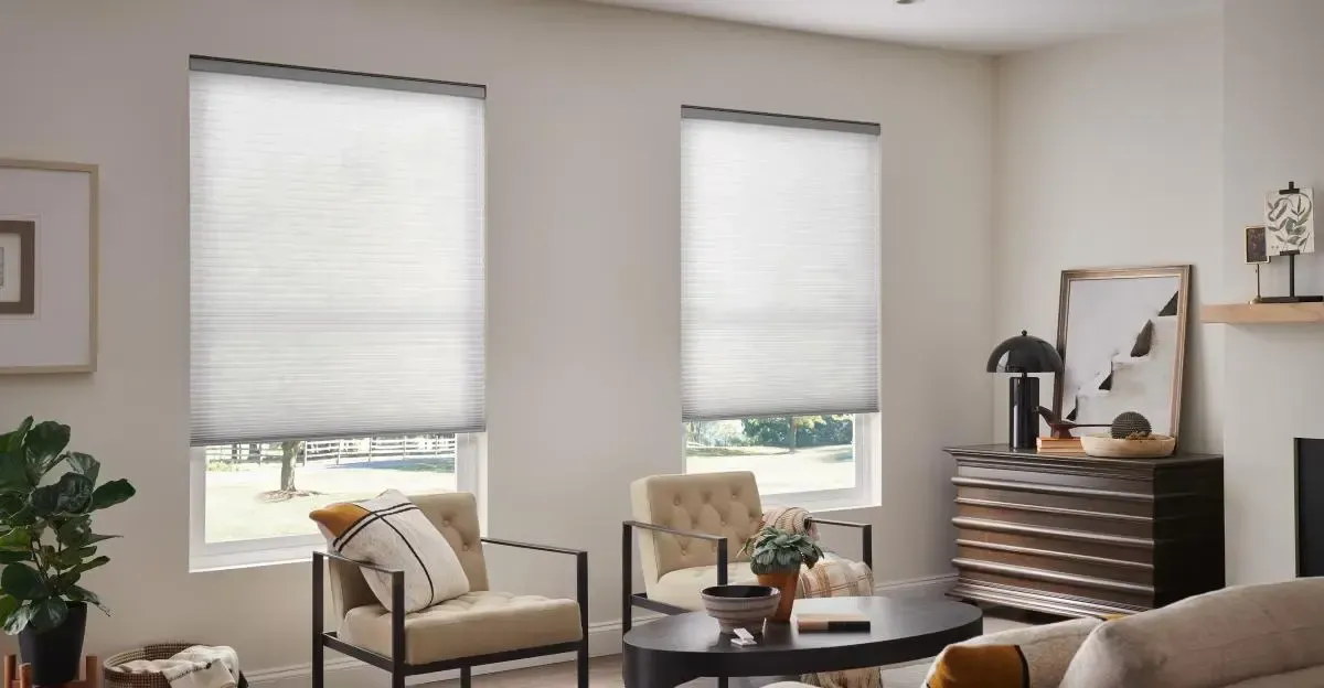 Bright living room with two chairs, coffee table, dresser, and two window blinds.
