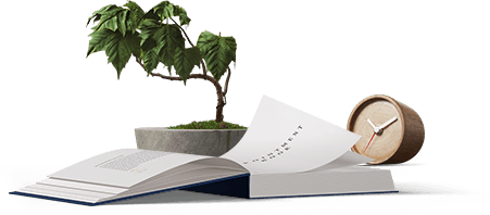 Open book with potted plant and clock on a white background | Automotive Physicians