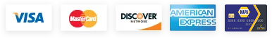 Credit card logos: Visa, MasterCard, Discover, American Express, and another card brand on a blue card. | Automotive Physicians