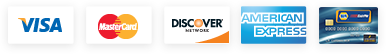 Credit card logos: Visa, MasterCard, Discover, American Express, and another card brand on a blue card. | Automotive Physicians