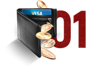 Black wallet with Visa card and coins spilling out beside red “01” on white background | Automotive Physicians
