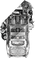 Top-down view of a car chassis with exposed internal components, shown in grayscale. | Automotive Physicians
