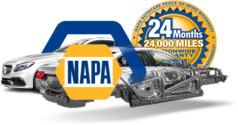 NAPA Auto Parts logo with cars and “24 Months, 24,000 Miles” warranty graphic on white background | Automotive Physicians