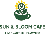 Sun and Bloom Cafe logo with green cup, flower, sun, and text &ldquo;TEA &bull; COFFEE &bull; FLOWERS&rdquo;