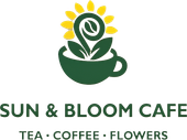 Sun and Bloom Cafe logo with green cup, flower, sun, and text &ldquo;TEA &bull; COFFEE &bull; FLOWERS&rdquo;