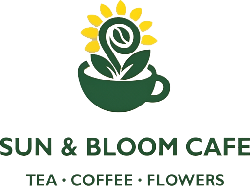 Sun and Bloom Cafe logo with green cup, flower, sun, and text &ldquo;TEA &bull; COFFEE &bull; FLOWERS&rdquo;