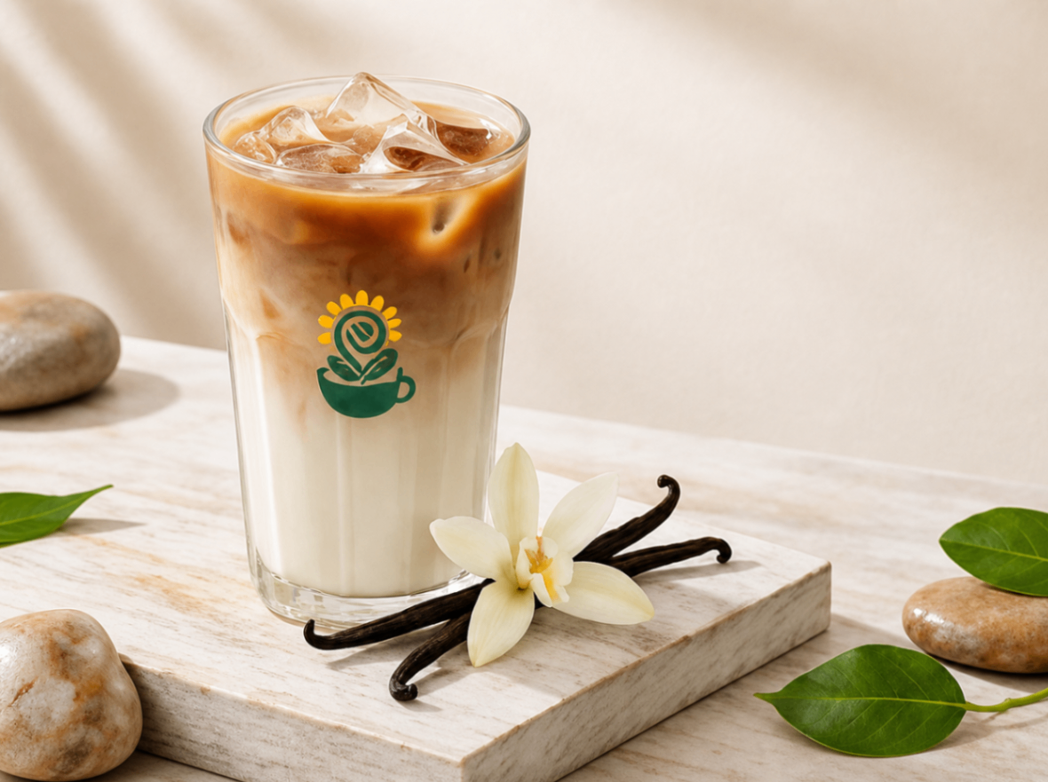 Iced coffee with milk in a glass, garnished with vanilla beans and flowers on a marble tray