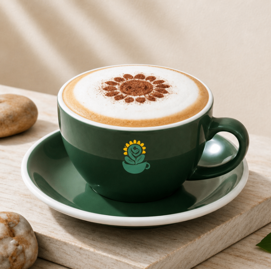 Green coffee cup and saucer with latte art on a wooden table.