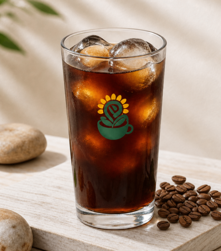 Iced coffee in a clear glass with coffee beans on a light wooden table
