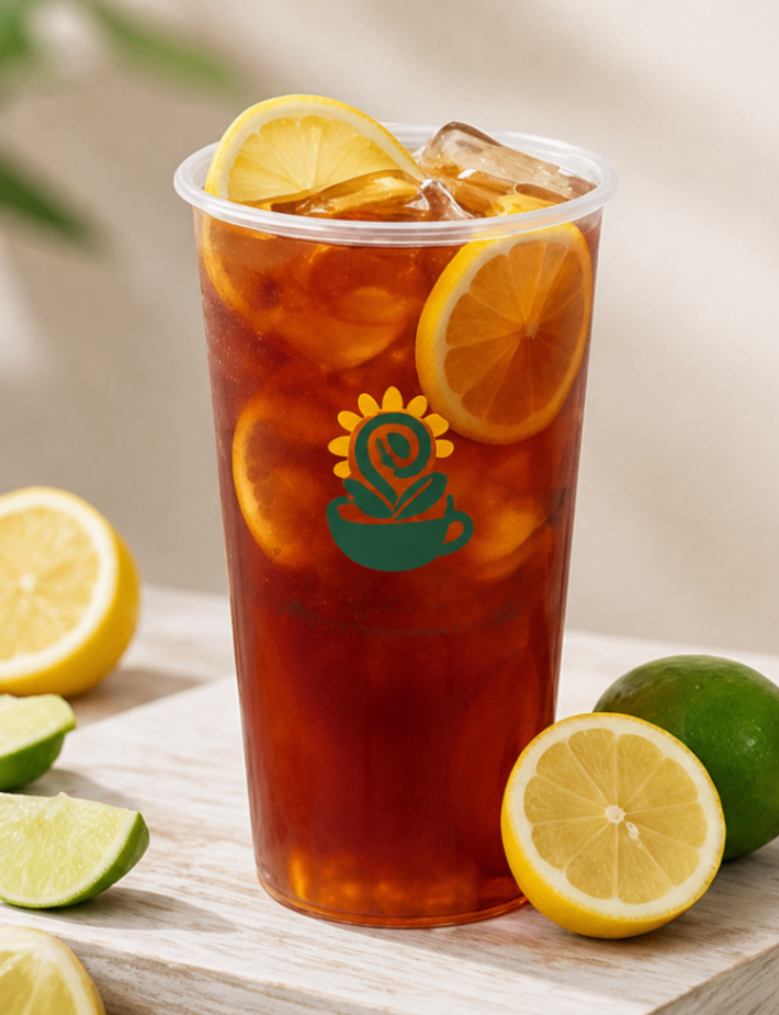 Iced lemon tea in a clear cup with lemon slices and whole lemons on a light surface