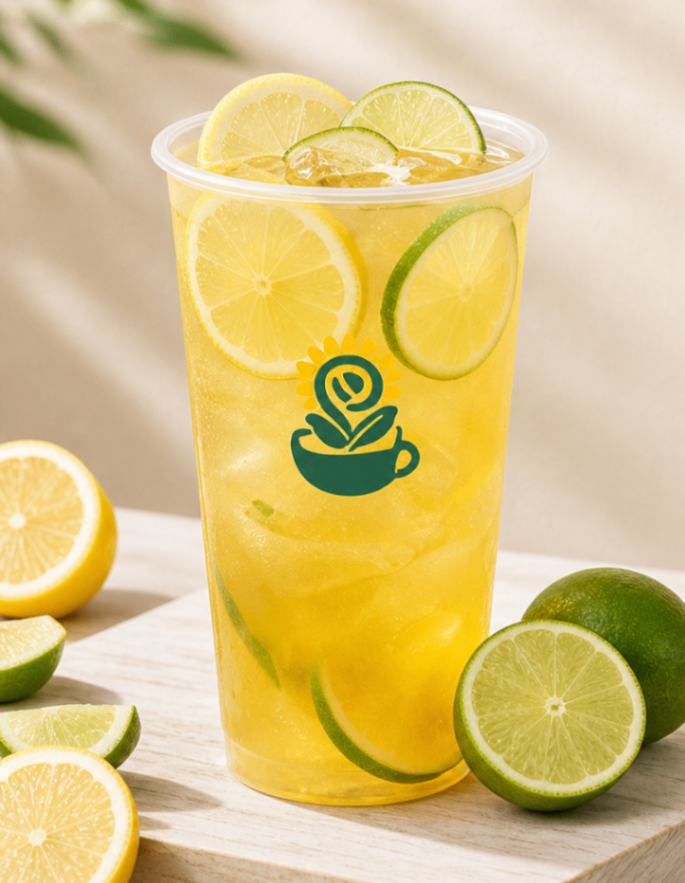 Yellow lemonade with lime and lemon slices in a clear plastic cup, on a light wooden table