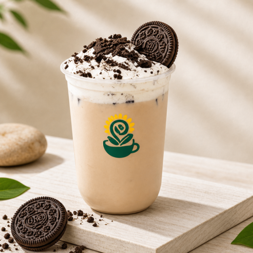 Iced coffee in a double-walled glass on a white saucer, with a coffee bean on a light wooden table.