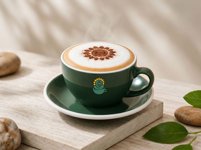 Dark green cappuccino cup on saucer with latte art on a wooden tray