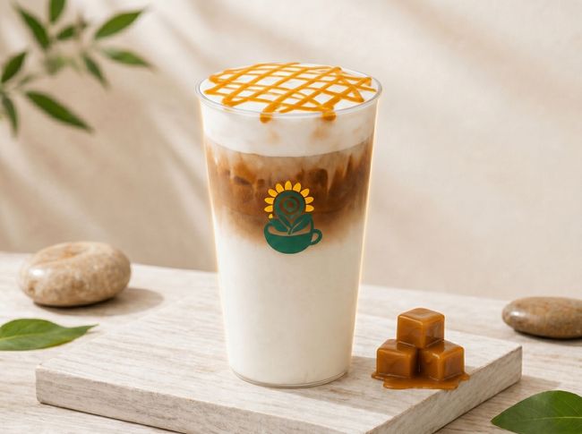 Iced latte in a clear cup with orange drizzle and a small logo, on a minimalist table with stones and caramel cubes