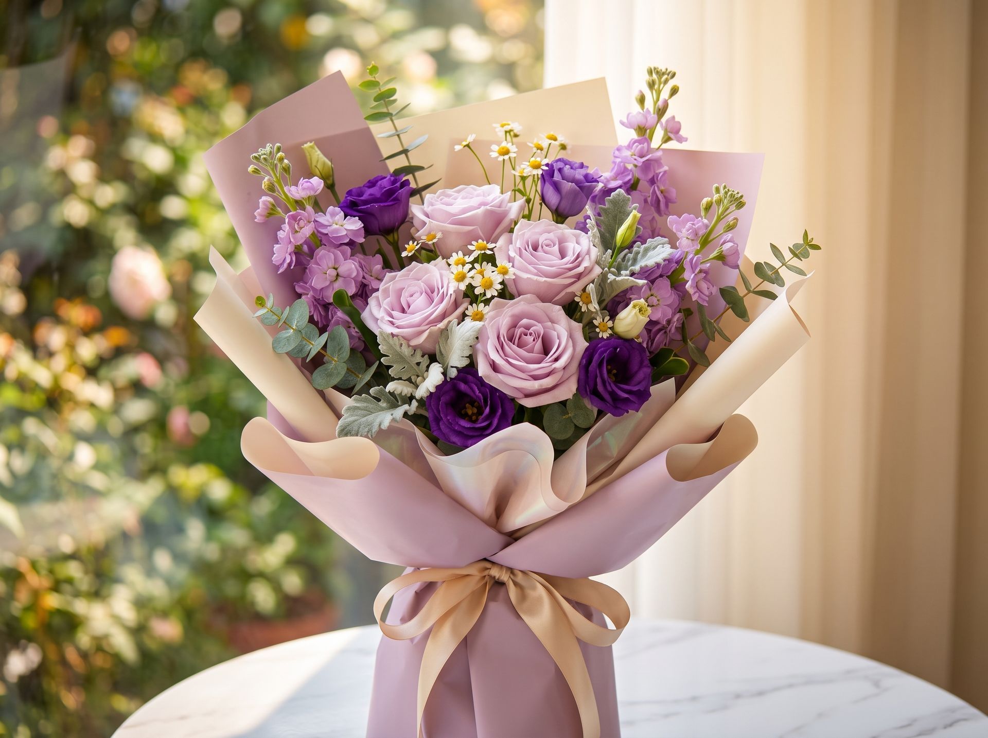 Bouquet of purple and pink roses wrapped in beige paper with a lavender ribbon, by a sunlit window