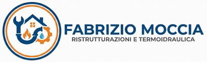 Logo per "Fabrizio Moccia" raffigurante una chiave inglese, una casa, delle fiamme, una goccia d'acqua e un ingranaggio in un cerchio.