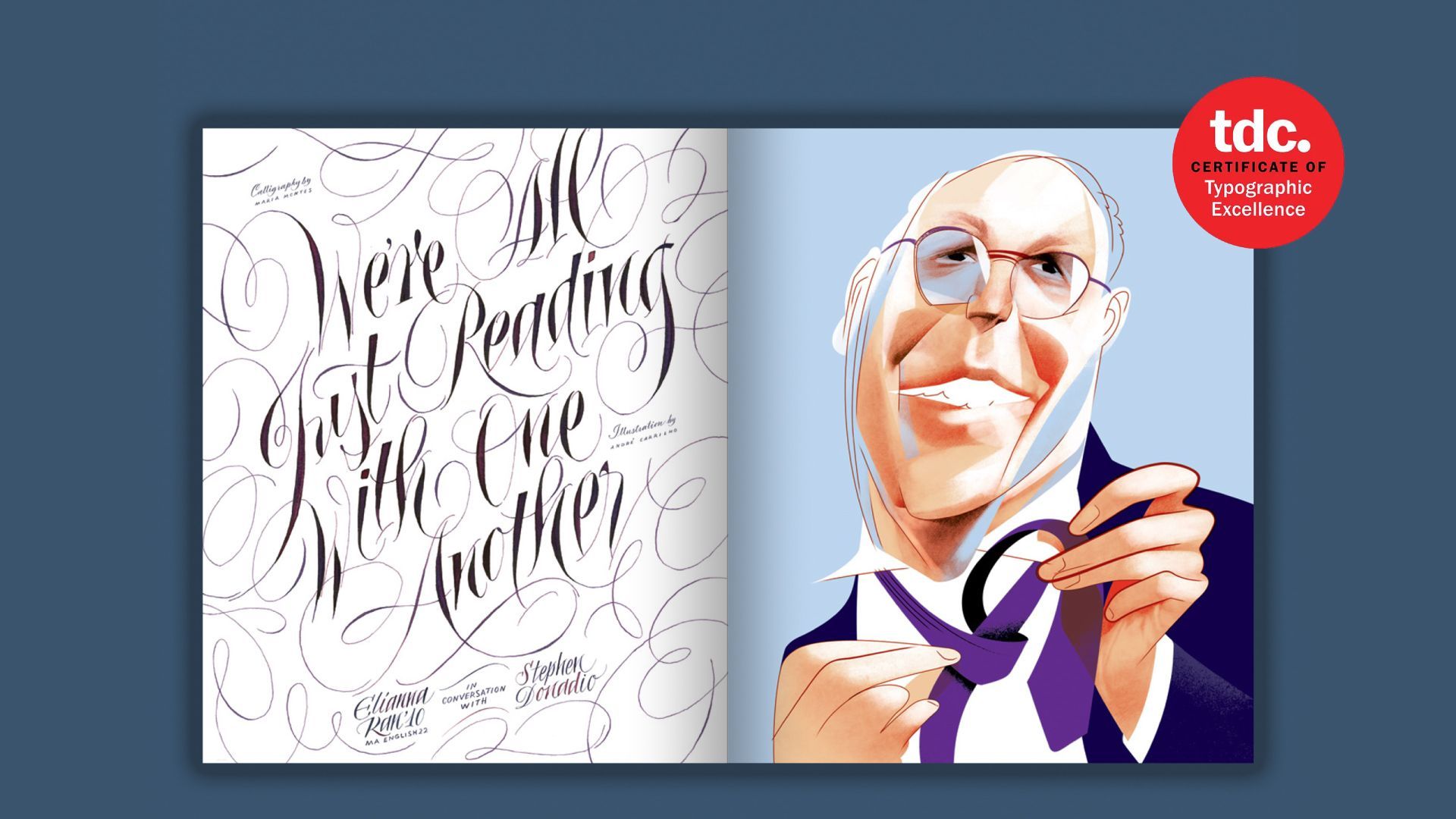 Stylized portrait of a smiling person sketching calligraphy on white paper next to handwritten lettering.