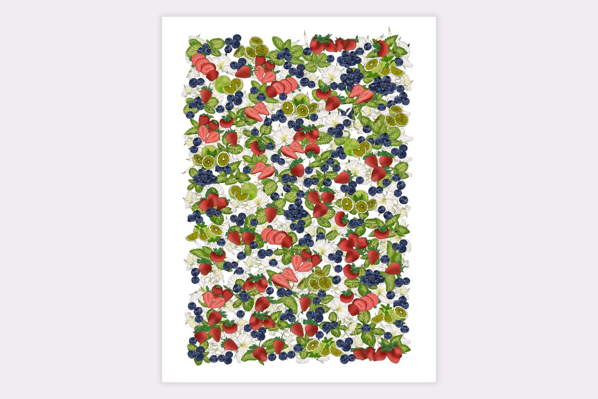 Colorful scattered red, blue, green, and gray shapes on a white background