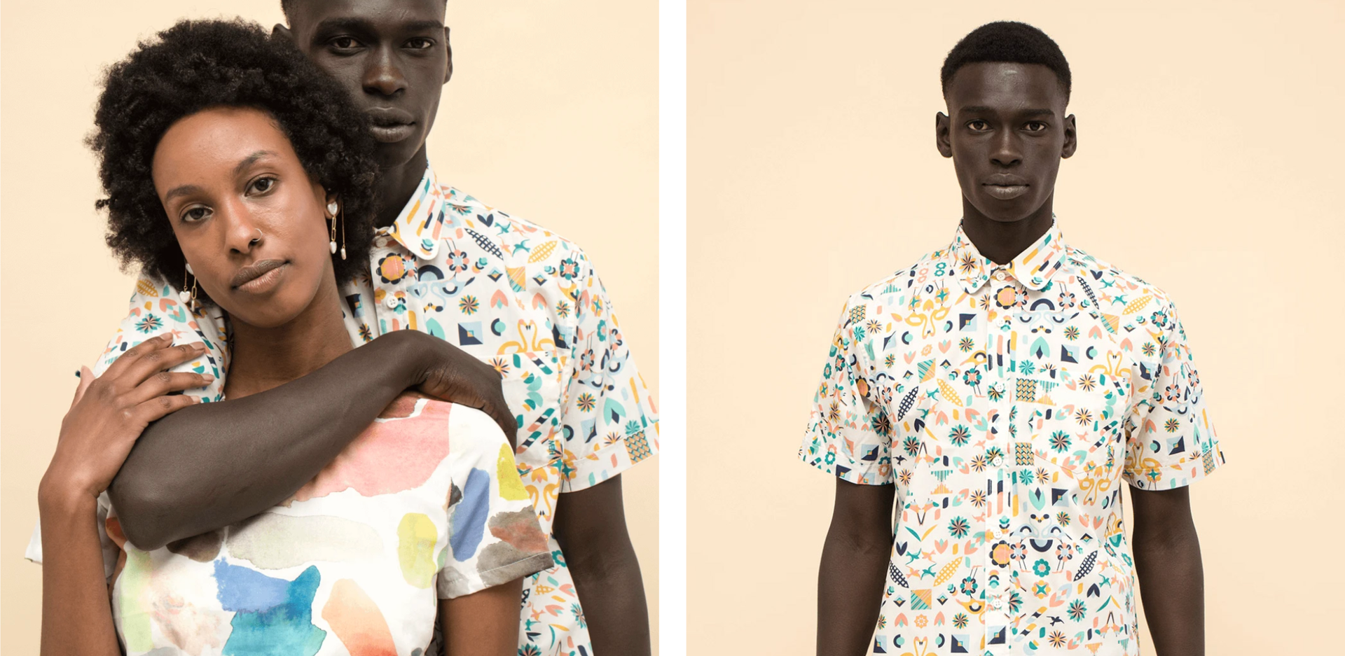 Two fashion models in patterned shirts against a beige studio backdrop, one front-facing and one behind her