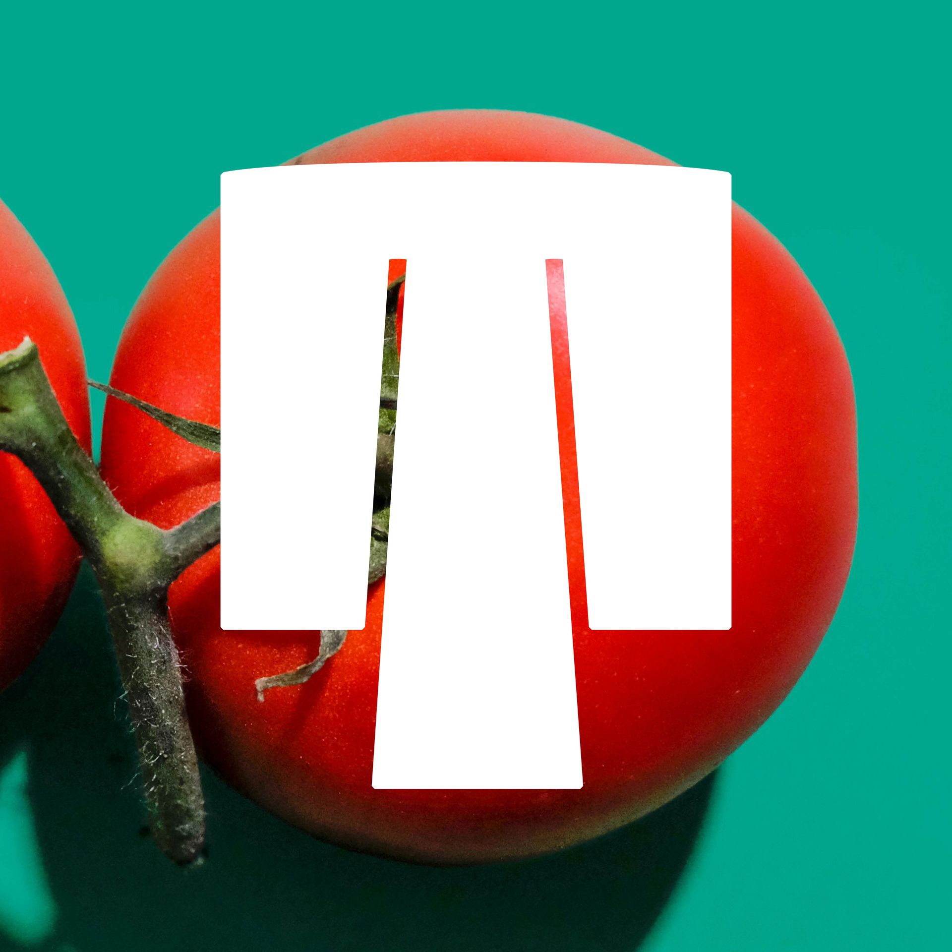 Stylized white lowercase “t” over a close-up of a red tomato on a green vine background