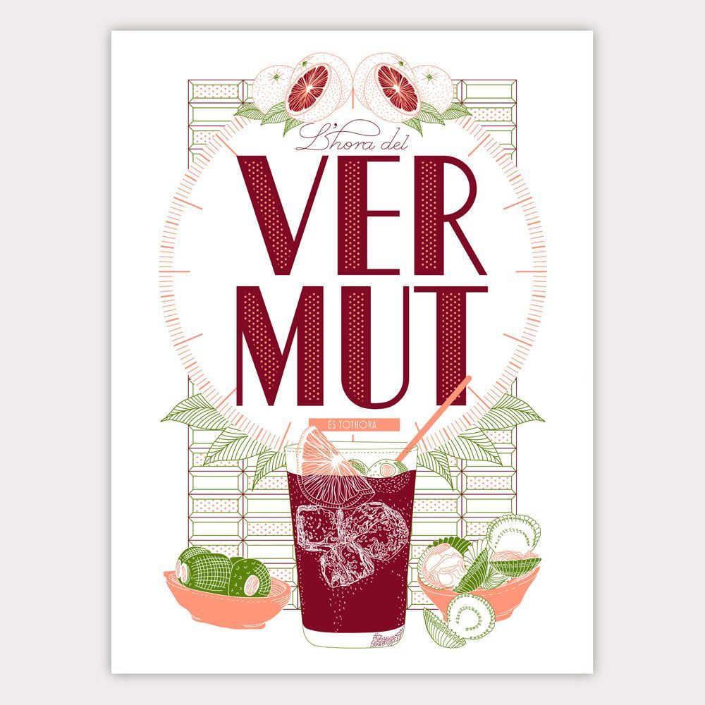 Decorative aperitif poster with bold red “VERMUT,” citrus, bottle, and a glass on a white background
