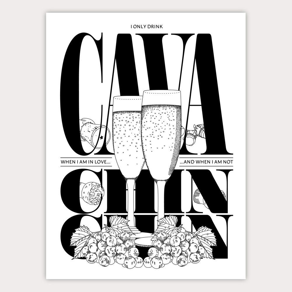Black-and-white poster with two champagne flutes over bold serif text and floral illustrations