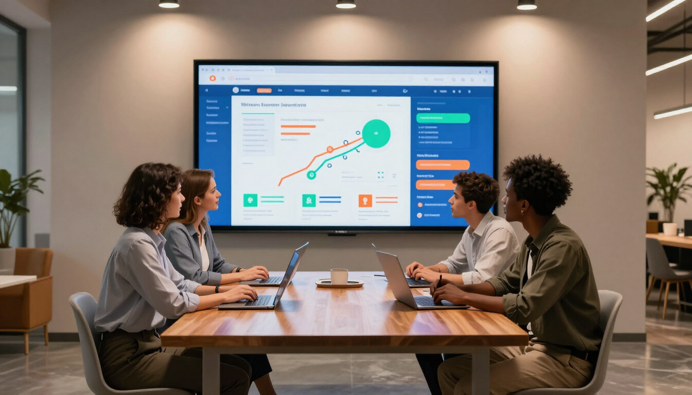 Photorealistic creative team reviewing website copy and customer journey on a large screen in a modern studio