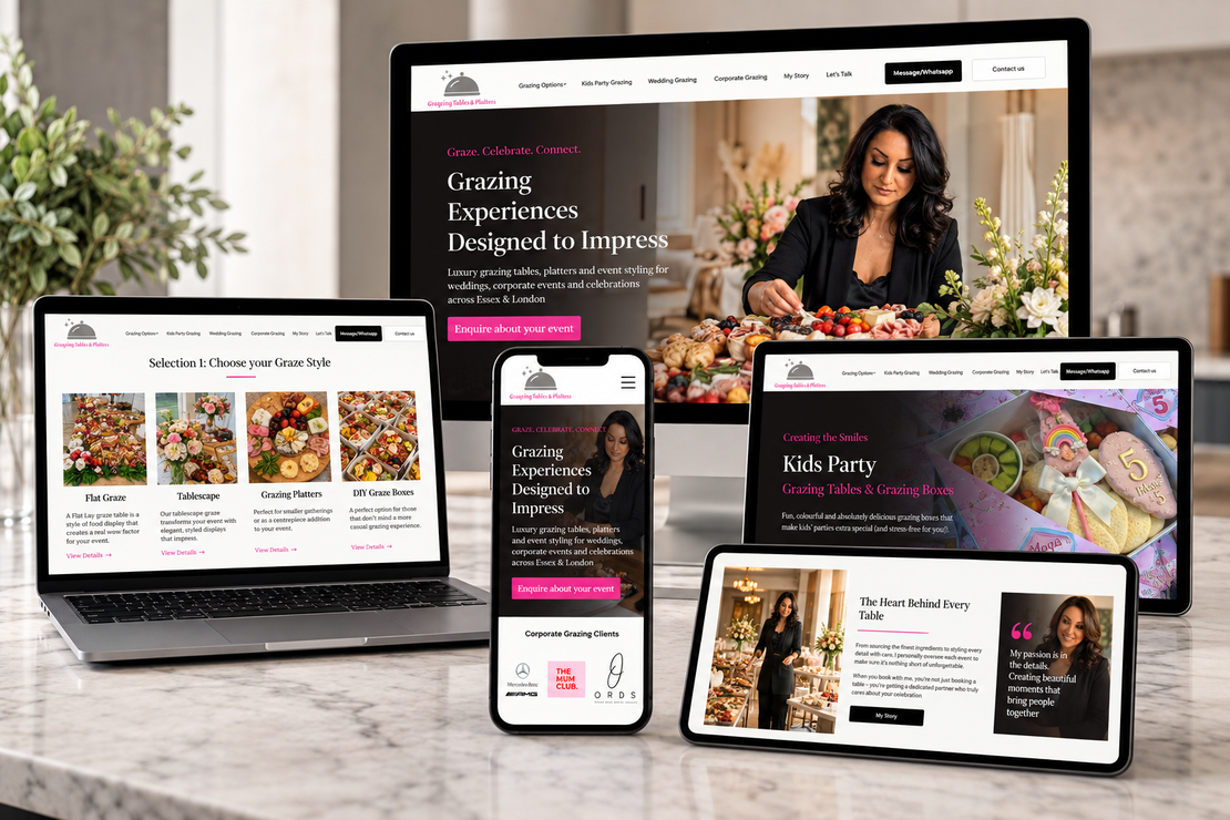 Website mockup on laptop, desktop monitor, and phone showing a moving company logo and worker cartoon