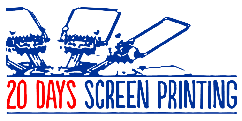 20 Days Screen Printing logo with three blue screen-print frames and red-blue text