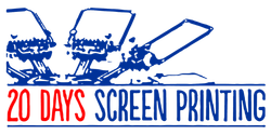 20 Days Screen Printing logo with three blue screen-print frames and red-blue text