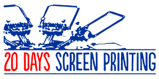 20 Days Screen Printing logo with three blue screen-print frames and red-blue text