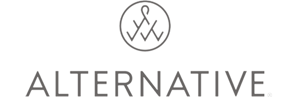 ALTERNATIVE logo with a circular monogram icon above the word “ALTERNATIVE” in gray.