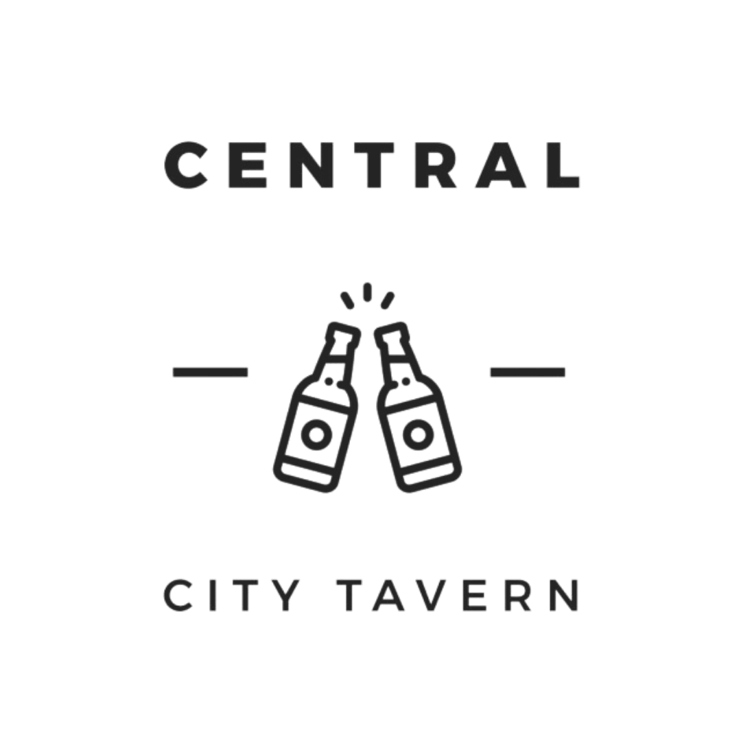 Central City Tavern logo with two clinking beer bottles in black and white