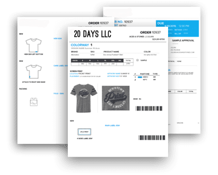 Stacked order forms for 20 DAYS LLC, showing T-shirt design previews and barcodes.