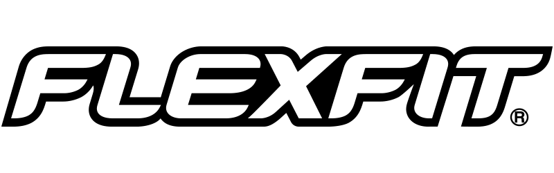Flexfit logo in black outlined lettering on a white background