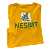 Yellow T-shirt with green NESBIT Landscape.com logo and leaf graphic.