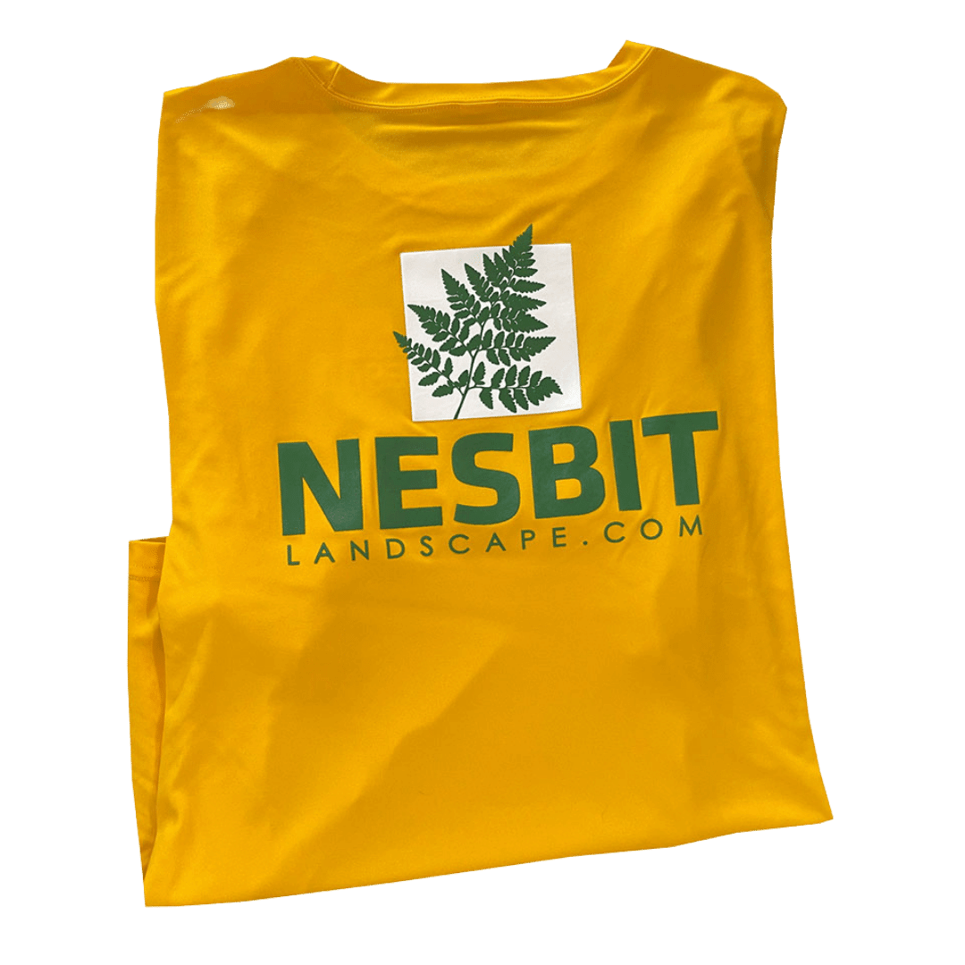 Yellow T-shirt with NESBIT Landscape logo and green leaf graphic