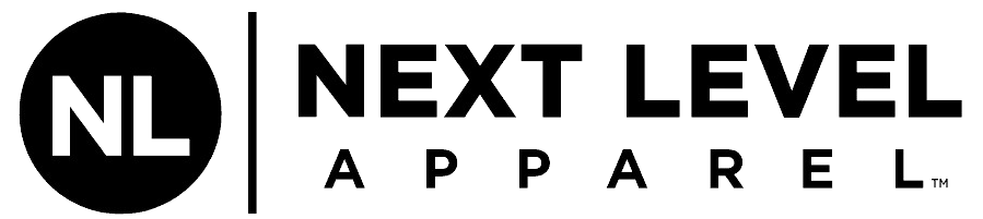 Next Level Apparel logo with black circle “NL” icon and black text on white background