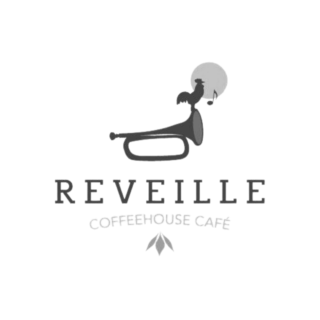 REVEELE Coffeehouse Café logo with a stylized black trumpet and gray circular accent on a white background