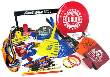 Assorted promotional school supplies and accessories with colorful logos, pens, lanyards, and a red balloon