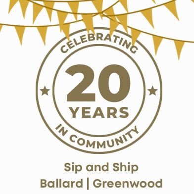 20th anniversary logo for Sip and Ship Ballard | Greenwood with gold bunting and circular emblem.