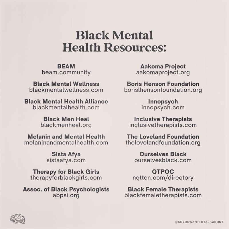 Poster listing Black mental health resources in black text on a pale pink background