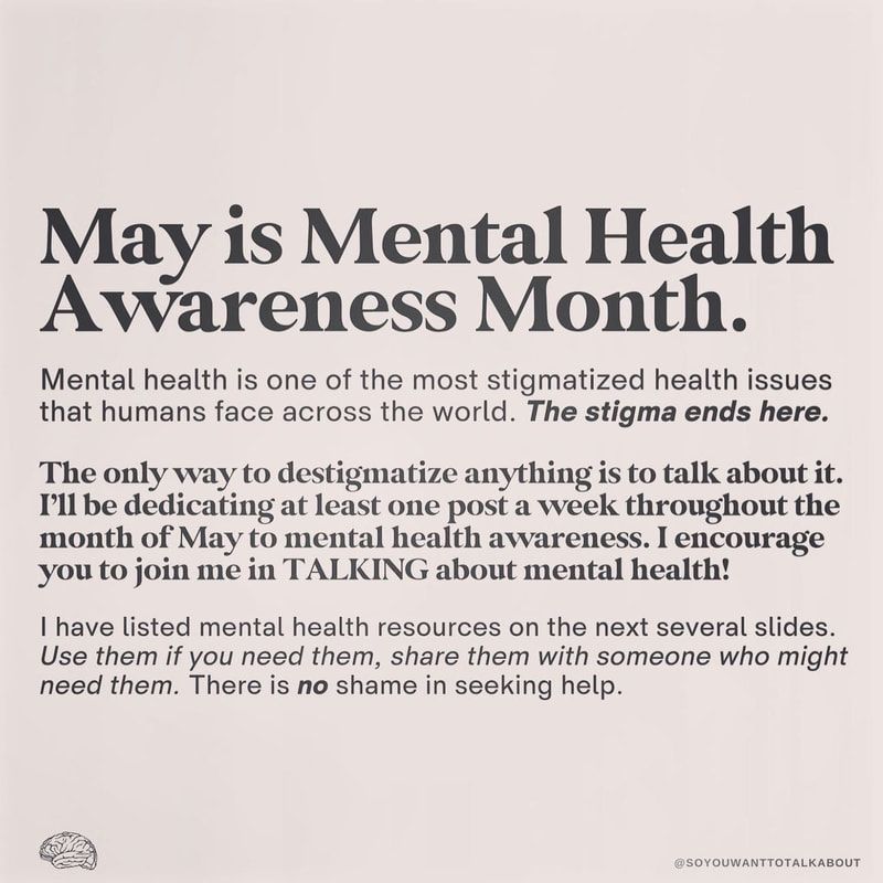 May is Mental Health Awareness Month poster with text on stigma, therapy, and getting support