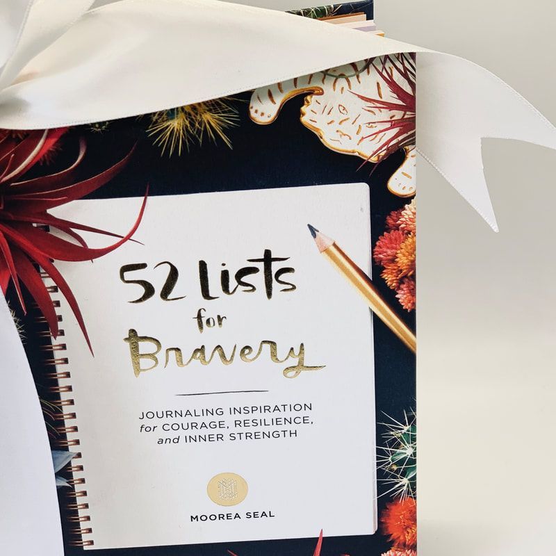 Book cover reading “52 Lists for Bravery” on a floral background with a white ribbon.